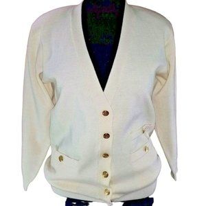 Vtg Talbots Off White Cardigan Sweater Small 100% wool vneck metal buttons